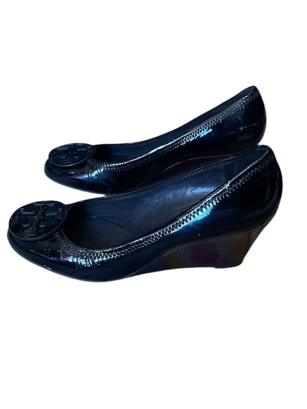 Tory Burch Chelsea Black Patent Leather Block Heels Women's Shoes W/Medallion  7